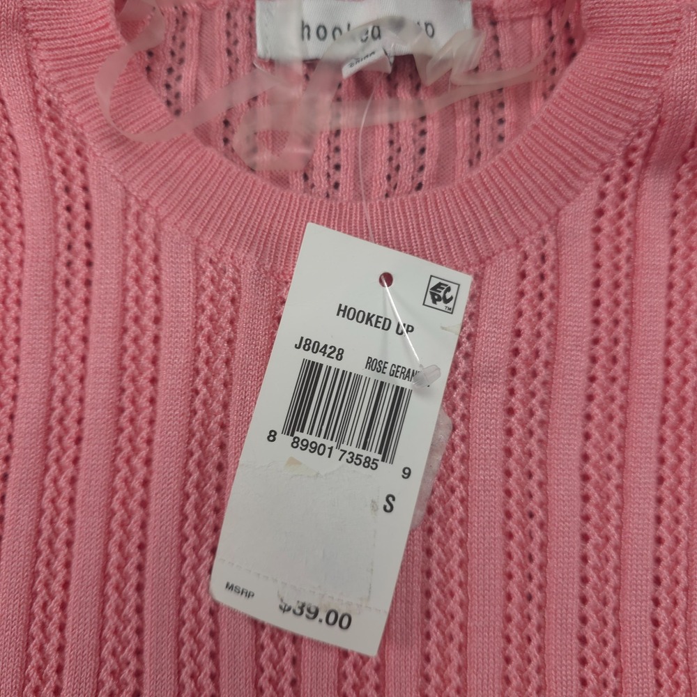 Hooked Up By Iot‎ Juniors' Pointelle Sweater Rose Geranium Pink Size Small - Picture 4 of 5